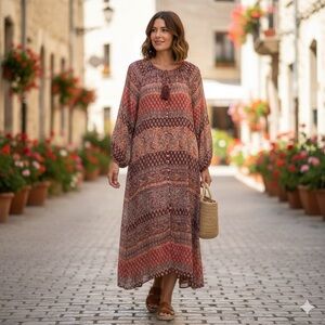Dress Forum Boho Midi Dress – Rust & Maroon Paisley Print Size Small